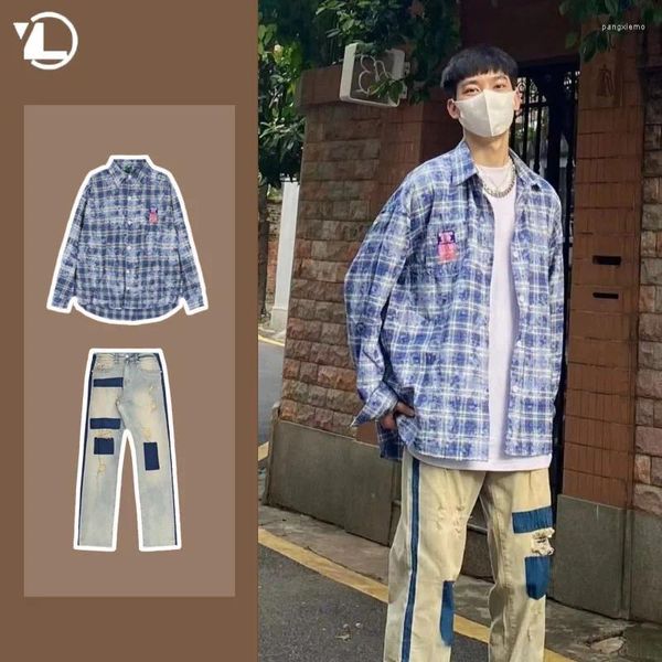 Suits de survêtement masculins Spring Street Fashion Set Mens Blue Plaid Imprimé Couleur Couleur Blocage Jeans Trends 2-PCS Retro College Suit Mâle