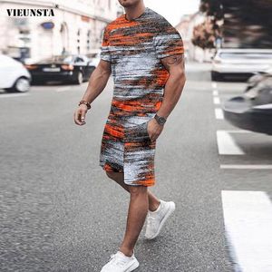 Survêtements pour hommes printemps été rayé imprimé deux pièces ensembles pour hommes décontracté col rond t-shirt et short de poche survêtement homme vêtements de sport amples costume 230309