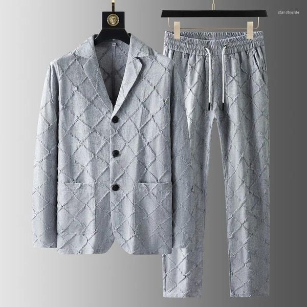 Survêtements pour hommes Printemps Été Costumes de luxe Linge Diamant Jacquard Mince Simple Boutonnage Coton Mâle Ensembles Taille Élastique Homme Pantalon