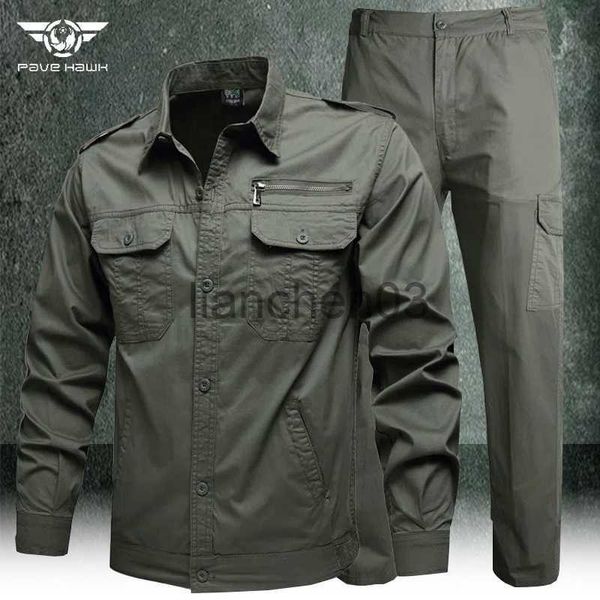 Survêtements pour hommes Ensemble de vêtements de travail de printemps Hommes Tactiques Chemises en coton de combat en coton militaire et pantalons cargo Vert armée Causal Loose Suits Summer J230821