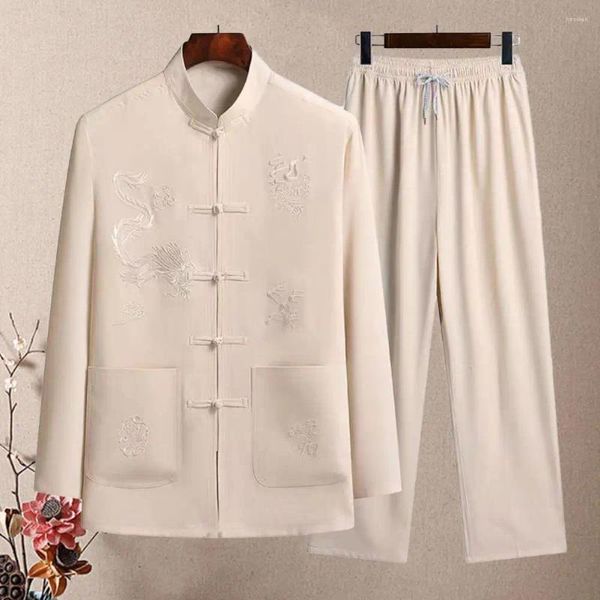 Survêtements pour hommes Costume à col montant Chinois Tang Chemise Pantalon Ensemble avec support Conception à simple boutonnage Taille élastique pour père