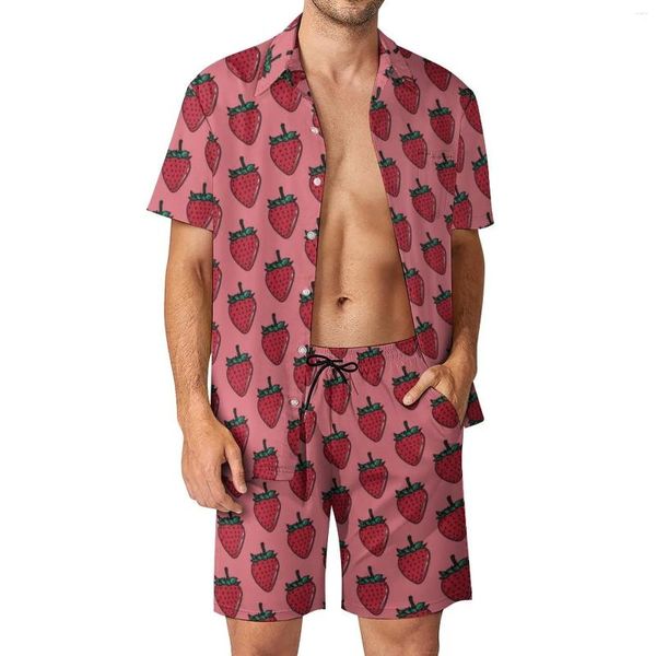 Survêtements pour hommes Fraise Rose Hommes Ensembles Fruits Chemise décontractée Ensemble Hawaii Vacances Shorts Été Costume Graphique Deux Pièces Vêtements Grand