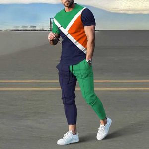 Parcours masculin Streetwear New Men's Men's décontracté à manches courtes décontractées 3D Impression numérique Stripes colorées Fashion Short à manches pantalons Fashion Plus Taille Ensemble