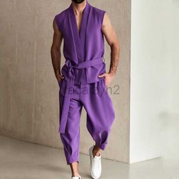 Suisses de survêtement masculines Streetwear Street Purple Strap Pantalon Fashion Casual Fashion Two-Piece Set For Men Fashion Set