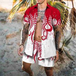 Parcours masculin Streetwear Summer Set à manches courtes pour hommes à manches à manches décontractées Octopus Whisker 3D Ensemble de chemises imprimées plus