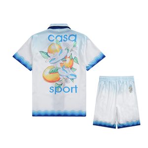 Tracksuits voor heren streep casa sport casablanca bloemschoen oranje print mesh shirt shirt set mannen vrouwen hoogwaardige Hawaii strand surfpak 230822