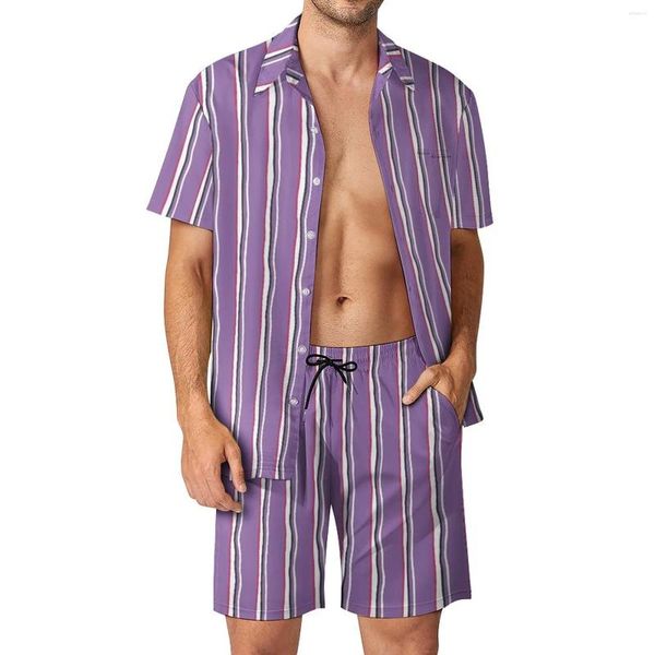 Survêtements pour hommes rayé imprimé hommes ensembles violet blanc shorts décontractés été drôle chemise de plage ensemble à manches courtes personnalisé costume surdimensionné anniversaire