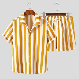 Survêtements pour hommes rayé imprimé costume hawaïen bouton chemise à manches courtes Shorts de plage décontracté Streetwear 2 pièces ensemble S-3XL 2023 été