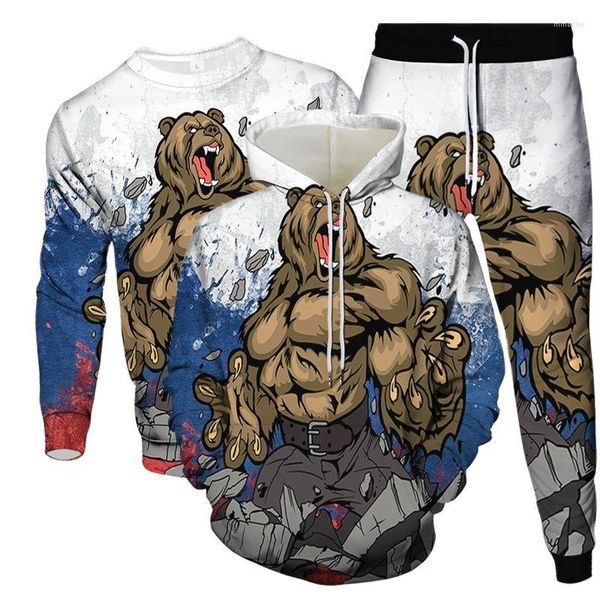 Chándales para hombre con estampado de oso polar fuerte, chándal de animales para hombre, sudaderas con capucha, pantalones para correr, conjunto de 3 piezas, ropa informal para mujer al aire libre