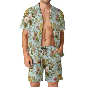 Survêtements pour hommes Élégant baroque Floral Hommes Ensembles Vintage Rose Roses Streetwear Chemise décontractée Ensemble à manches courtes Short imprimé Summer Beachwear