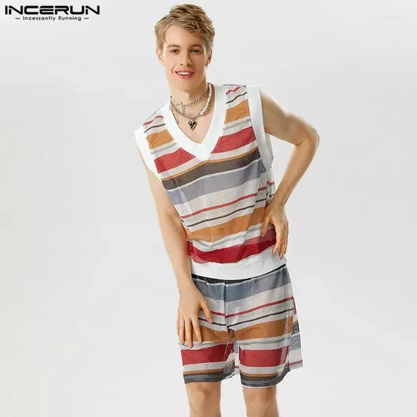 Conjuntos de pistas para hombres Sets de ajuste de pozo elegante Incerun Summer Tanks Shorts Shorts All-Match Horizontal Stripe Colorful Troit 2 piezas S-5XL