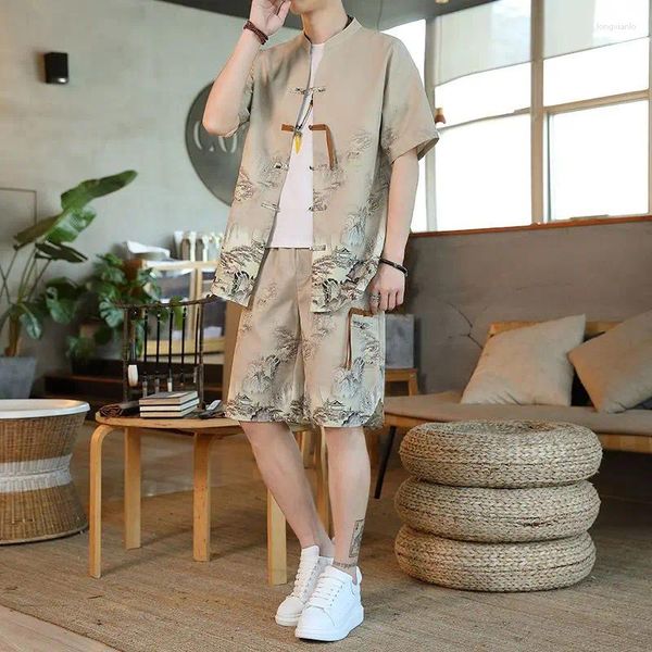 Trajes de chándales para hombres Traje de verano Tang Cool Camiseta de manga corta Pantalones cortos Estilo chino Hanfu con moda de un solo pecho