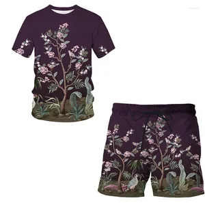Survêtements pour hommes Costume T-shirt Shorts Vêtements d'entraînement Ensemble 2 pièces Fleur Oiseau et plante Illustration Impression 3D Vêtements de sport à manches courtes