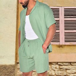 Trajes de pista para hombres Traje de dos piezas Set Daily Holiday Solid Summer Casual Lapel Linen Camisas de gran tamaño