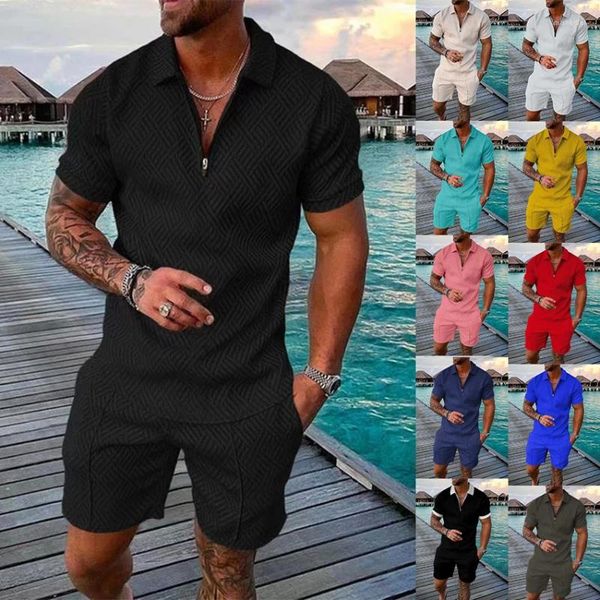 Chándales para hombres Conjunto de pantalones cortos de verano de 2 piezas Trajes para hombres Casual Zip Polo Chándal Chándal Traje de sudor Traje de moda Ropa Conjuntos para hombres