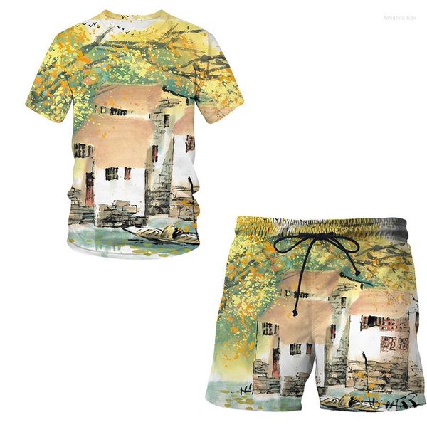 Chándales de hombre verano 2023 niños 3D pincel chino patrón de pintura camiseta de manga corta pantalones cortos casuales ropa de calle para hombres
