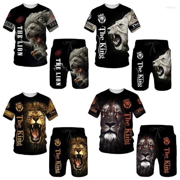 Chándales para hombre, camiseta con estampado de animales en 3D, pantalones cortos, traje de León feroz, ropa deportiva con escote, ropa fresca de manga corta