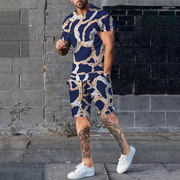 Chándales para hombres Verano 3D Patrón de cadena dorada Hombres Camiseta Pantalones cortos Traje Jogger Gran tamaño Casual Hombre Ropa deportiva Chándal Tendencia Conjunto de 2 piezas