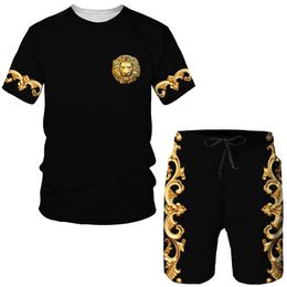 Survêtements pour hommes Été 3D Golden Motif Tête de Lion Imprimé Hommes T-shirtShorts Costume Surdimensionné Casual Homme Sportswear Survêtement Tendance 2 pièces Ensemble 230907