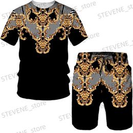 Heren trainingspakken zomer 3D-geprint T-shirt shorts 2-delige casual herenset patroon heren sportset goud luxe retro korte slved set T240326