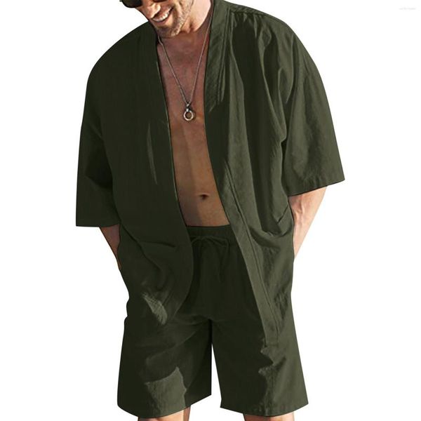 Survêtements pour hommes Vêtements de plage d'été Hommes Coton Lin 2 pièces Ensemble Couleur unie Demi-manches Boutons Chemises Shorts Tenues hawaïennes lâches