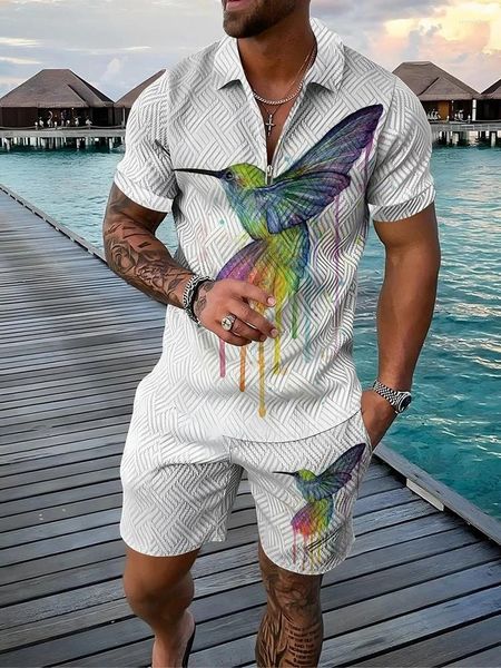 Chándales para hombres Summer Bird Print Hombres Cremallera Solapa Polo Chándal Conjunto Camisa casual y pantalones cortos 2pcs Conjuntos Vacaciones Hombre Ropa Jersey