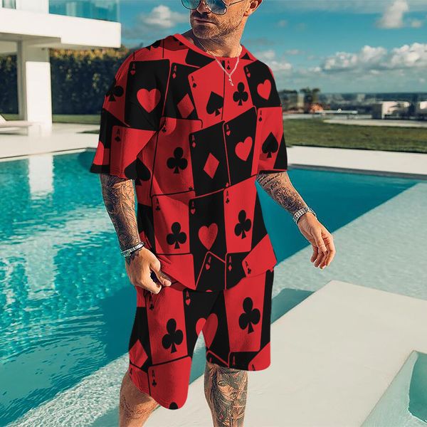 Parcours masculins Summer noir et rouge 2pk Spades Pades Oversize Robe Retro Beach Style 3D T-shirt Imprimé T-shirt Men's Set T-shirt Shorts 230213