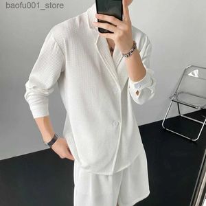 Survêtements pour hommes Été noir et blanc costume hommes à la mode chemise à manches longues deux pièces ensemble hommes coréen décontracté lâche costume uni M-2XL Q240228