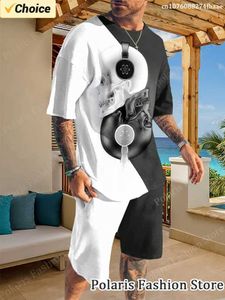 Parcours masculins Summer Black Blanc Skull Tracksuit Men Slve T-shirt Slve Set 2 Pieds Offres Sports Vêtements Overszied Vêtements Training Uniforme Y240508