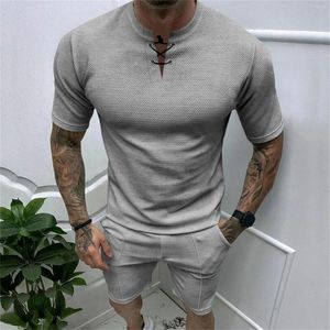 Survêtements pour hommes Été Respirant Deux Pièces Volume T-shirt Short Ensemble Plaid Texturé Cravate 34s Costume Costume De Robe Pour Hommes