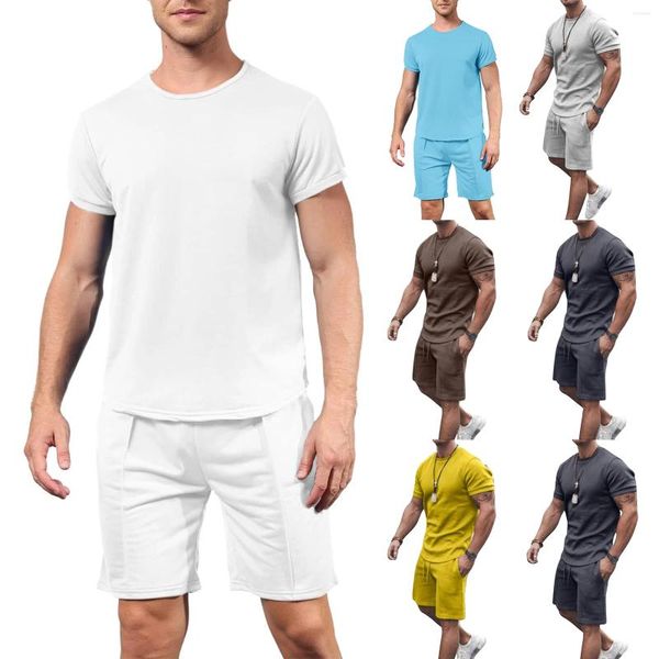 Chándales para hombres Ropa casual de verano Trajes Camiseta de manga corta de color sólido y pantalones cortos con cordón de cintura elástica Conjunto de chándal de 2 piezas