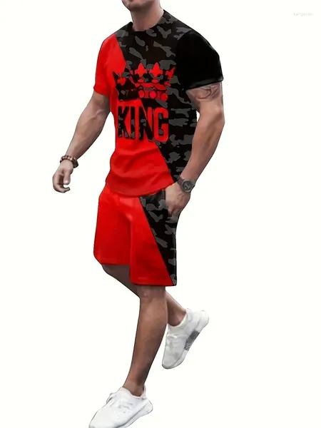 Suisses de survêtement masculines Summer Casual Short Sleeve and Shorts Set Crown Graphic 'King' Letter Imprimer T-shirt Trawstring