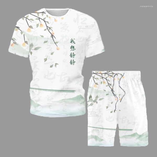 Chándales para hombres Traje de manga corta informal de verano Conjuntos para hombres Estilo chino retro Camiseta con estampado literal y pantalones cortos Traje Moda Hombre Playa
