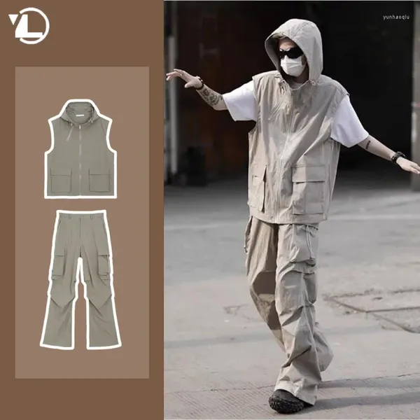 Parcours masculins Sumy Casual Soupless Set Homme Hip Hop Hop Loose Cabinet Vest Pockets Brotherg Cargo Pantal