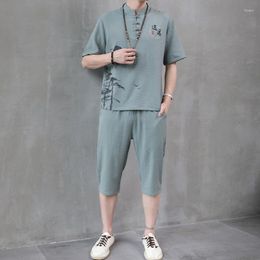 Heren Trainingspakken Zomer Vrijetijdspak Chinese Tang Tweedelig T-shirt met korte mouwen Broek Taiji Zen Werkkleding