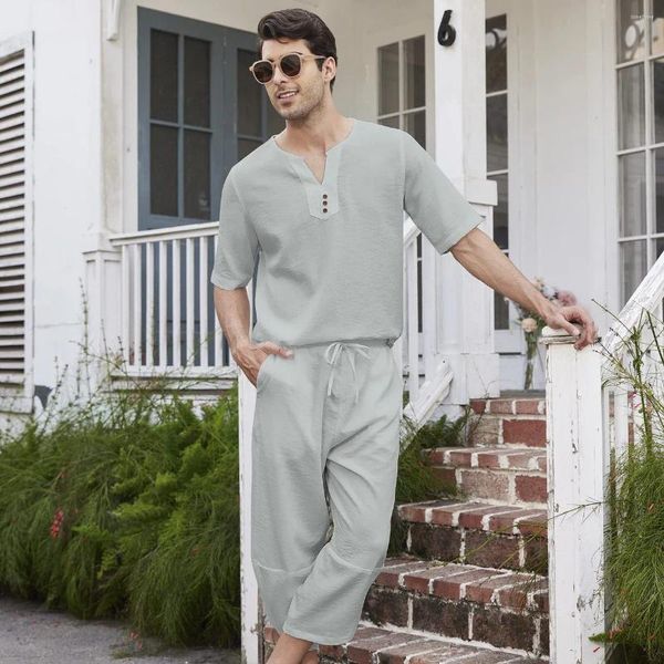 Parcours masculin Pantalons de chemise en lin en coton en coton Ensembles Outdoor décontractés 2 PCS SUIT ANDHOME Vêtements Pajamas confortable plage solide à manches courtes