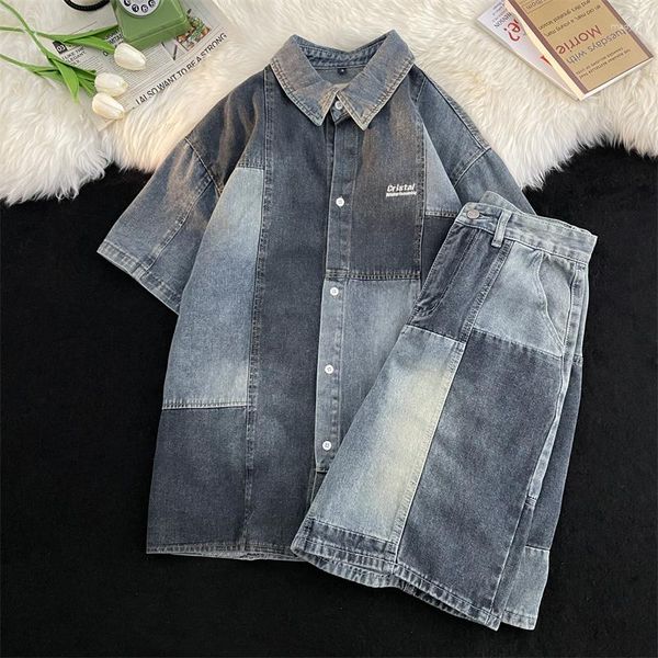 Survêtements pour hommes été Denim chemise Shorts costume américain couleur correspondant à manches courtes ample Ruffian beau deux pièces ensemble