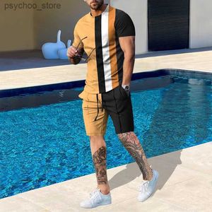 Trainingspakken voor heren Zomermode heren casual strandshorts 3D-geprint gestreept T-shirt met korte mouwen en ronde hals 2-delige set voor herenkleding Q240314