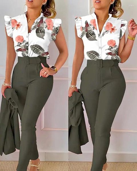 Chándales para hombres Impresión de moda de verano Conjunto de 2 piezas Botón de mujer Camisa de manga voladora Pantalones Trajes elegantes Mujer con cuello en V Top Cintura alta Outifits