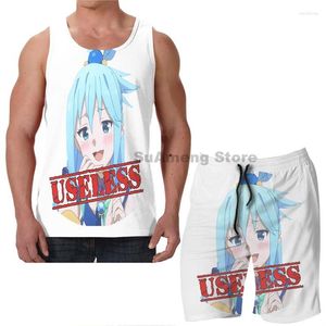 Heren Trainingspakken Zomer Grappige Print Mannen Tank Tops Vrouwen Konosuba Aqua Is Een Nutteloze Strand Shorts Sets Fitness Vest