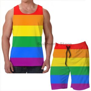 Survêtements pour hommes été drôle impression hommes débardeurs femmes Gay Pride drapeau rayure hommes shorts de plage femmes ensembles fitness gilet 230607