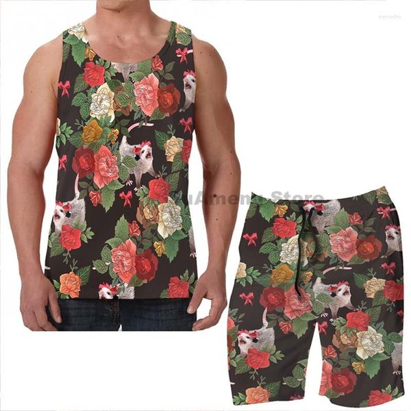 Parcours masculin Summer Summer Funny Print Men Tops Tops Femme Opossum Floral Pattern Shorts Place Set Fitness Vest