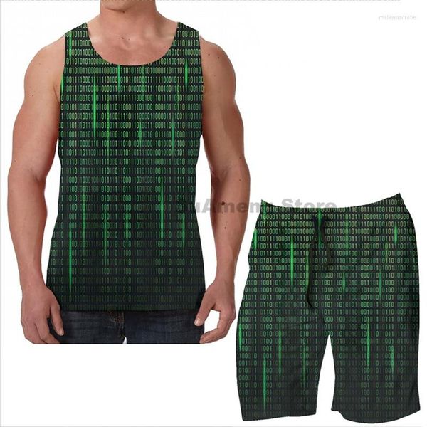 Chándales de verano con estampado divertido para hombre, camisetas sin mangas para mujer, conjuntos de pantalones cortos de playa Matrix Code, chaleco de Fitness