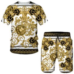 Survêtements pour hommes Été Golden Lion Statue Motif Impression 3D Hommes T-shirt/Shorts/Ensemble Style baroque Survêtement à manches courtes Hip Hop Street Set de vêtements 230425