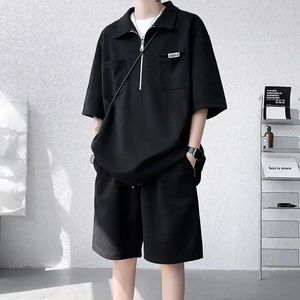 Spares de canciones para hombres Polo de polo de medio cremallera de verano más tendencia de traje grueso manga corta suelta set de dos piezas para hombres camisetas