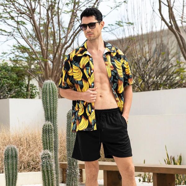 Survêtements pour hommes été costume hawaïen à manches courtes cocotier banane imprimé boutonné chemise short de plage décontracté 2 pièces