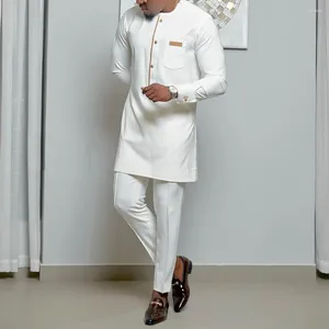 Chándales para hombres Kaftan de verano Conjuntos de 2 piezas Traje Botón Bolsillos con cuello redondo Manga larga Top y pantalones Boda Traje de estilo étnico Ropa