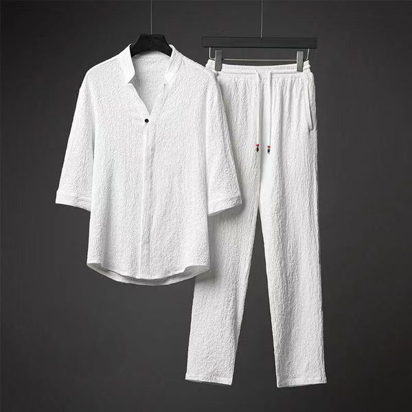 Survêtements pour hommes Costumes en lin d'été Vêtements traditionnels Hommes Solide Tai Chi Uniforme Rétro Col en V À Manches Courtes Chemise Et Pantalon Deux Pièces Ensemble 230524