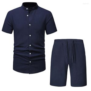 Survêtements pour hommes été hommes coton lin Henry cou plage t-shirt shorts ensembles mince doux coupe ajustée costumes de sport pour hommes vêtements de sport