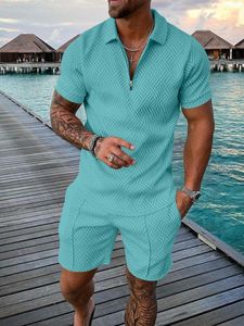 Tracksuits voor heren zomer heren SandBeach Tracksuit printen met korte mouwen Zipper Polo Shirtshorts Set voor mannen Casual streetwear